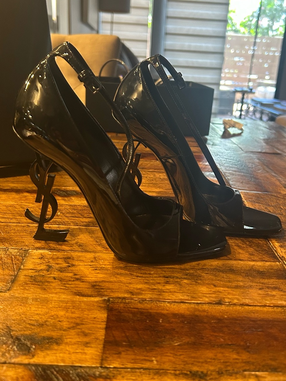 Saint Laurent Glossy Black Patent Logo-Heel Peep-Toe Slingbacks